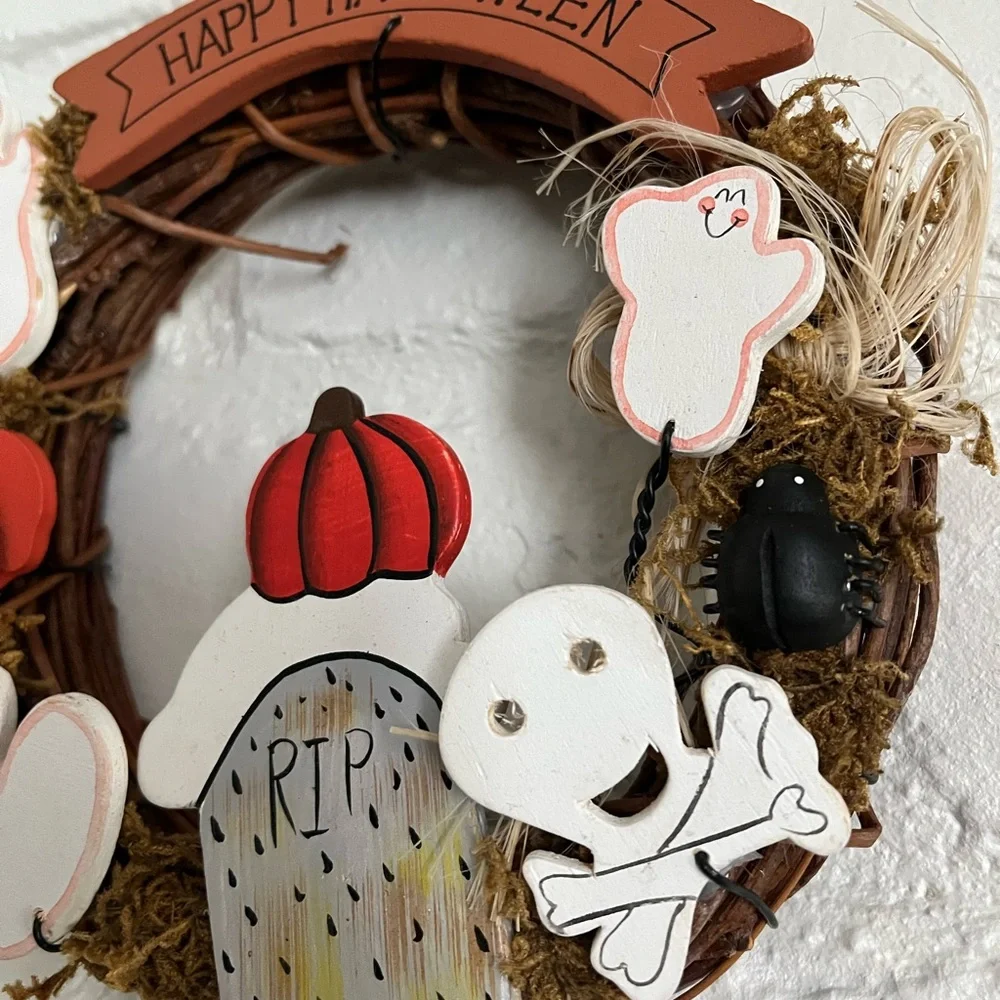 Happy Halloween Grapevine Wreath Holiday Home Decor Ghost Pumpkin
